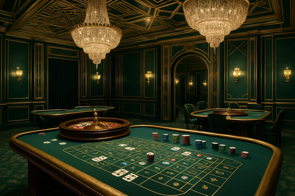 Casino hall with rich emerald and gold interiors